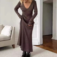 Hnewly  Sexy V-neck Elegant Knitted Dress Women Vintage Coquette Long Dress Autumn Winter Retro A-line Party Dresses Slim Up