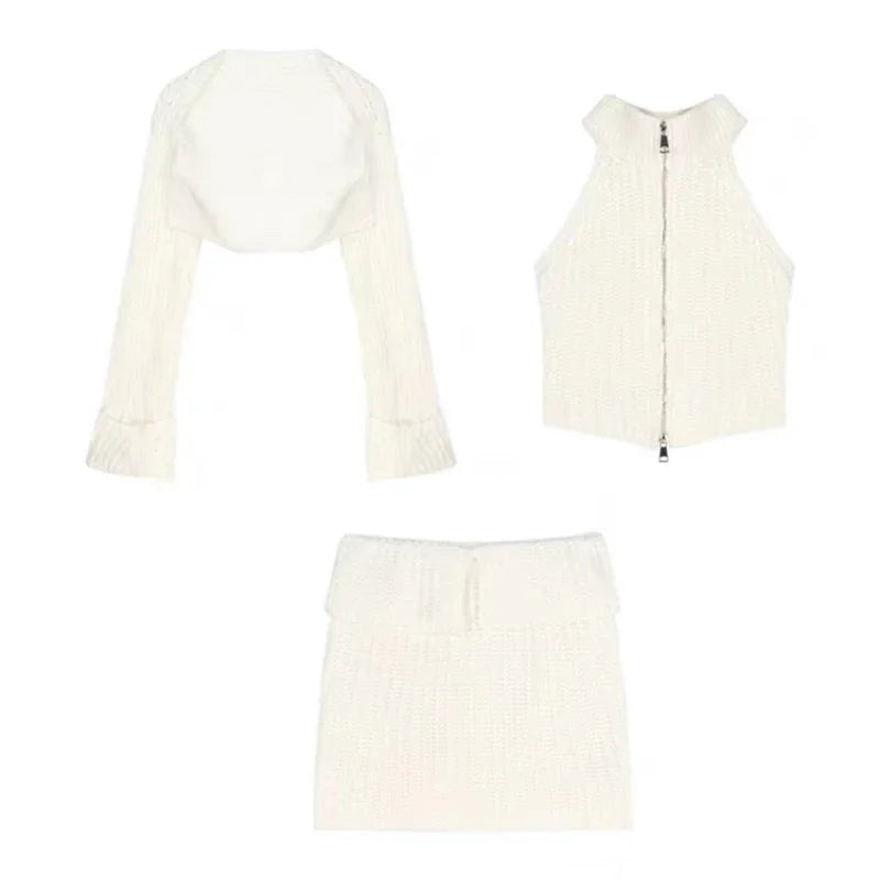 Hnewly Elegant Knitted Clothing 3 Piece Set Casual Short Cardigan + Slim Vest + Sexy Y2k Mini Skirt Korean Fashion Suit  Winter