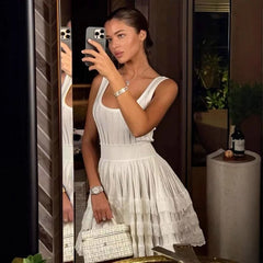 Hnewly  Vest Knitted Dress For Women Hollow Sexy Slim Sleeveless Short Dress A-line Fashion Folds Dress Female Solid High Waist