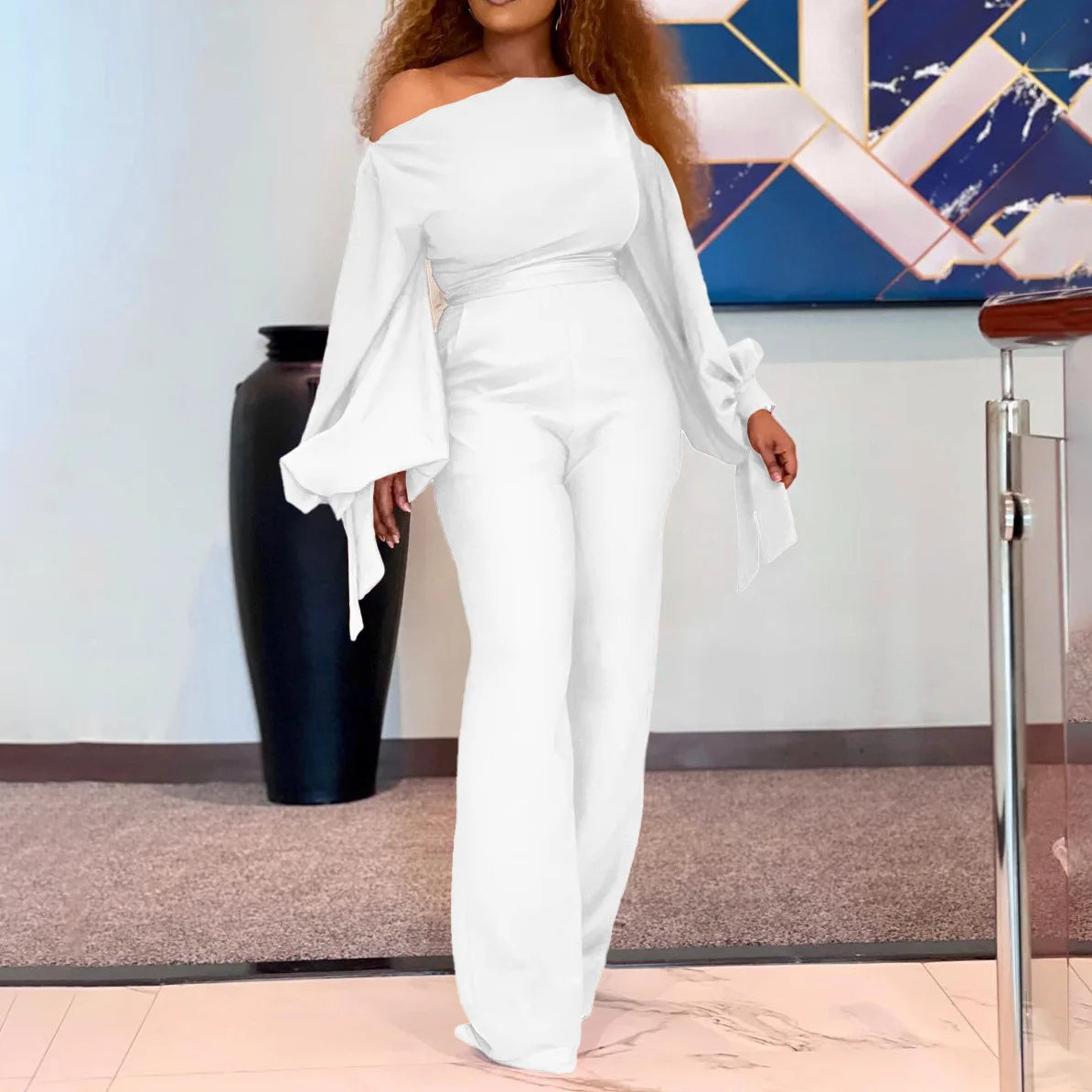 Hnewly Long Sleeve Off Shoulder Sesy Jumpsuit Lantern Sleeve Red Rompers Elegant Wide Leg Playsuit OL Ladies Overalls Party