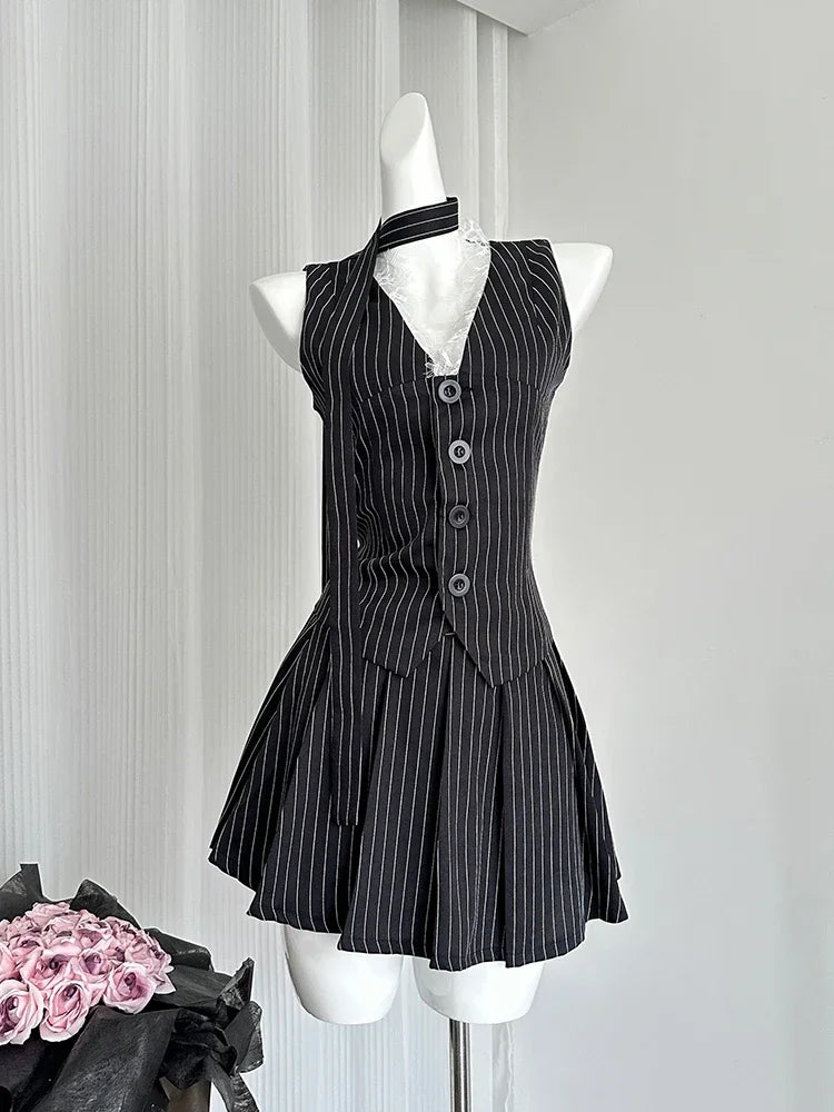 Hnewly 2000s Aesthetic Striped Outfits 2 Piece Set Summer Women Korean Fashion Vacation Kpop Lace Vest + Y2k Preppy Mini Pleated Skirt