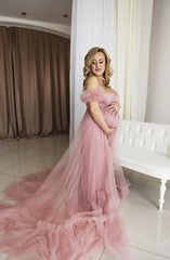 Hnewly  Pink Fluffy Powder Dress for Pregnant Women Tulle Maternity Dresses with Peals Puff Sleeves Pregnancy Gown for Photoshoot