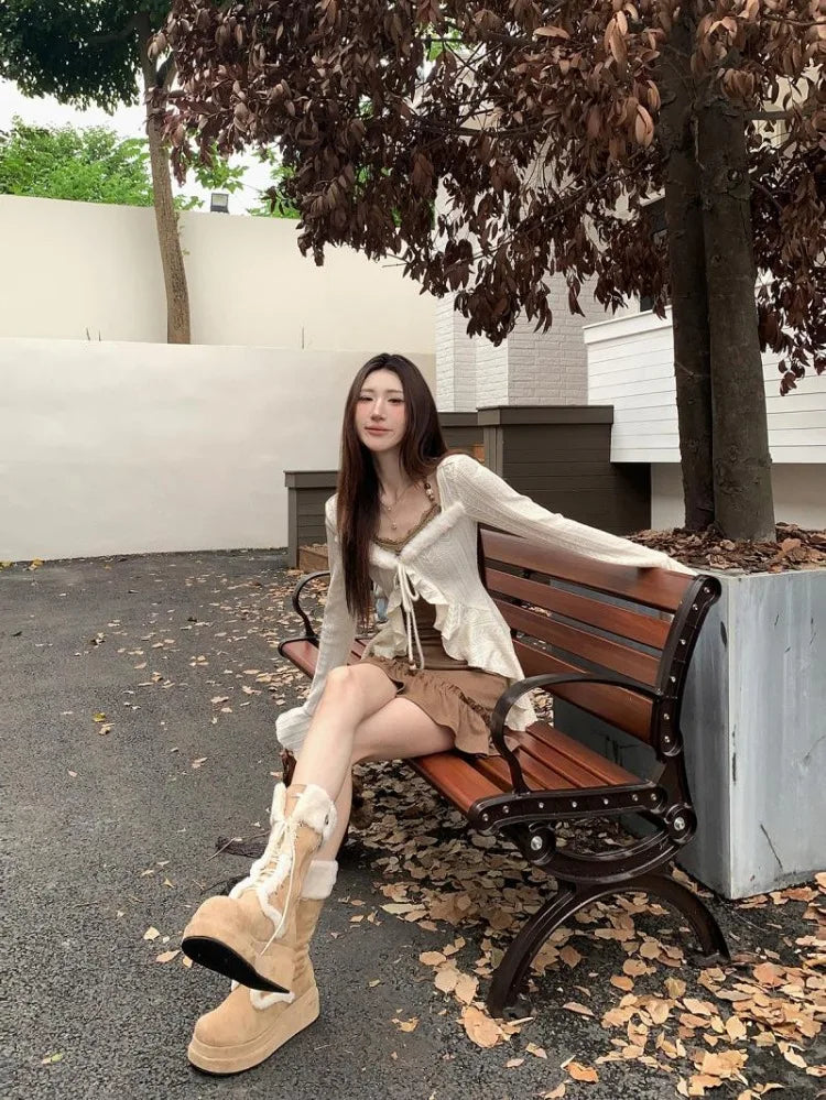Hnewly American Retro Slim Fit Camisole Dress for Women+ Ruffles Long Sleeve Knitted Cardigan 2024 Autumn New Two Piece Sets