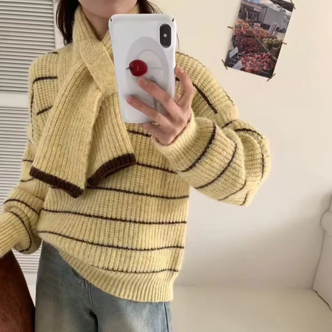 Hnewly  Women's Striped Sweater with Scarf Chunky Knit Loose-fit V-Neck Pullover Striped Jumper Ladies Autumn Winter Classic Chic Outfit