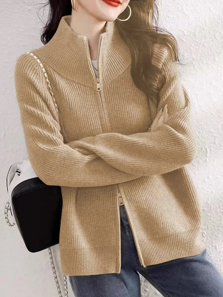 Hnewly  Women's Zip Up Sweater Cardigan Cozy Knit Stand Collar Zipper Front Plain Sweater Jacket Female Korean Chic Fall Winter Outfit