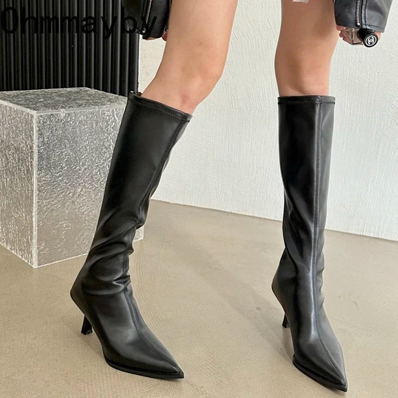 Hnewly Soft Leather Pointed Toe Knee High Boots High Heels Zipper Women Pumps Ladies Long Stretch Modern Boots