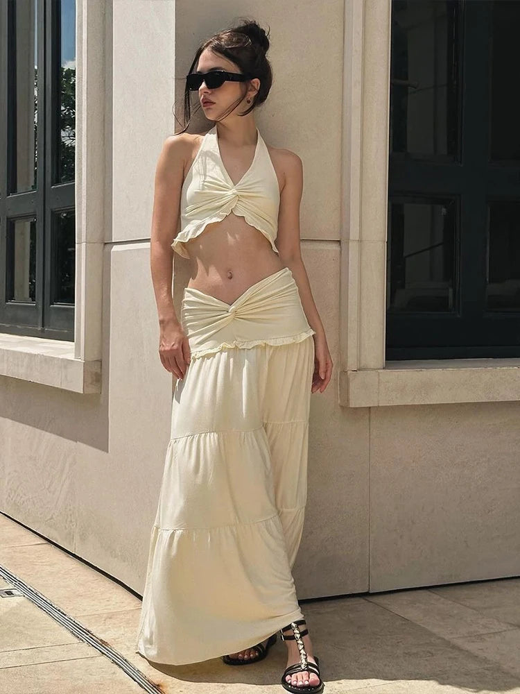 Hnewly  Halter Backless 2 Piece Set Women Ruched Elegant  Crop Camisole+Elastic Waist Ruffles Long Skirts Street Trend Suits