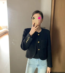 Hnewly  Autumn New Black Tweed Coat Women Korean Elegant O-neck Slim Fit Tops  Y2k Grunge Long Sleeve Jackets Mujer