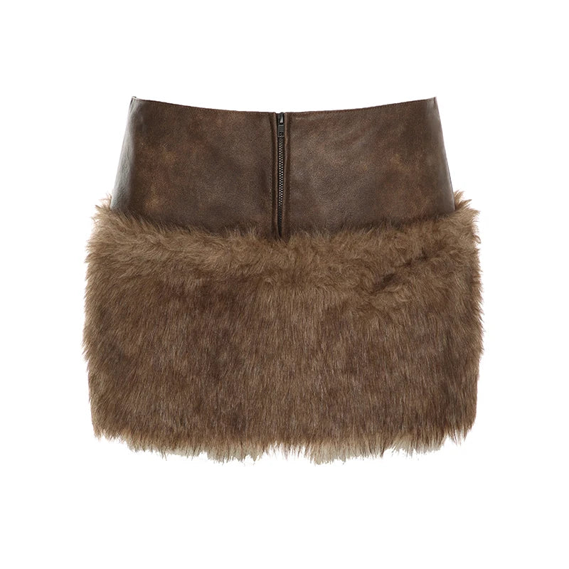 Hnewly rave inspo outfits Wild Fashion Zipper Pu Patchwork Faux Fur Women’s Skirts Chic Sexy Skinny Mini Leather Skirt