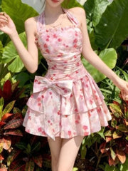Lunivop  Korean Retro Sweet Floral Halter Neck Dress Women Slim Bow Print Tiered Mini Dress Summer Fashion Popular Elegant  Chic Outfits