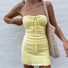 Hnewly   New Wrap Chest Knit Dress Beach Vacation Strapless Necktie Women's Dress mid Waist Short Skirt Pure Color Summer Dress