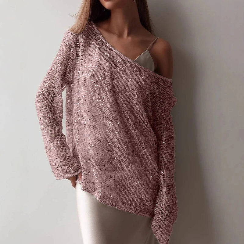 Hnewly  Women's Sequined Perspective Slanted Collar Sparkly Cover-up Leisure Tops Elegant Sexy Hollow Off-shoulder Loose Pullovers