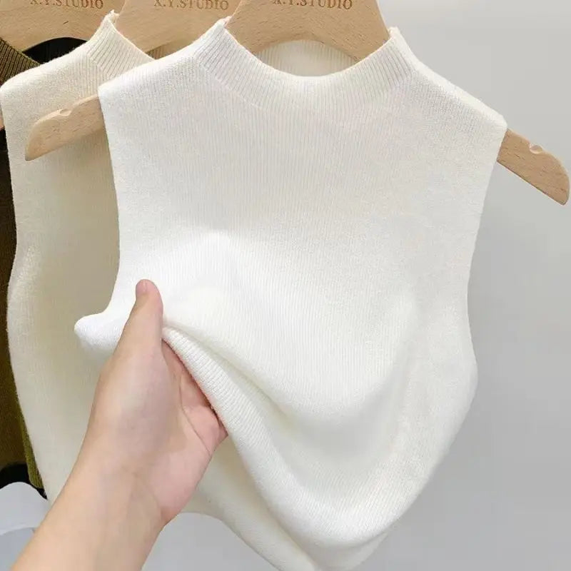 Hnewly White Knitted Camisole Sleeveless Vest For Women Spring Summer Half High Neck Short   Basic Bottom Top Korean Version Trendy Tee