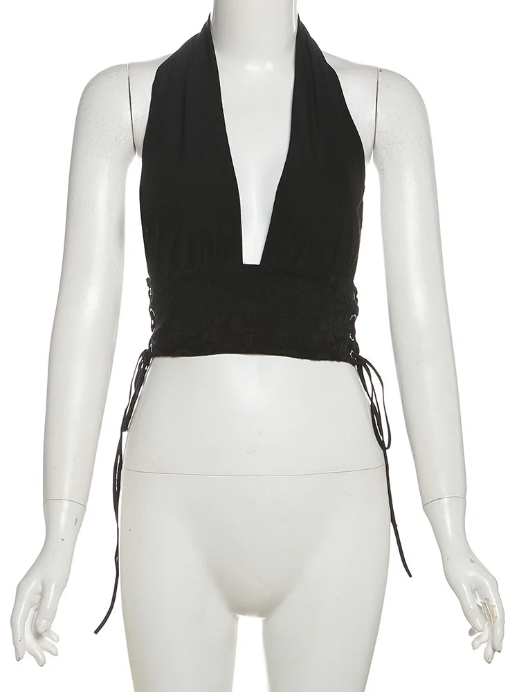 Hnewly Sexy 2Piece Set Women Y2K Patchwork Lace V-Neck Sleeveless Backless Folds Halter Tops+Wave Edge Skirt Matching Suit