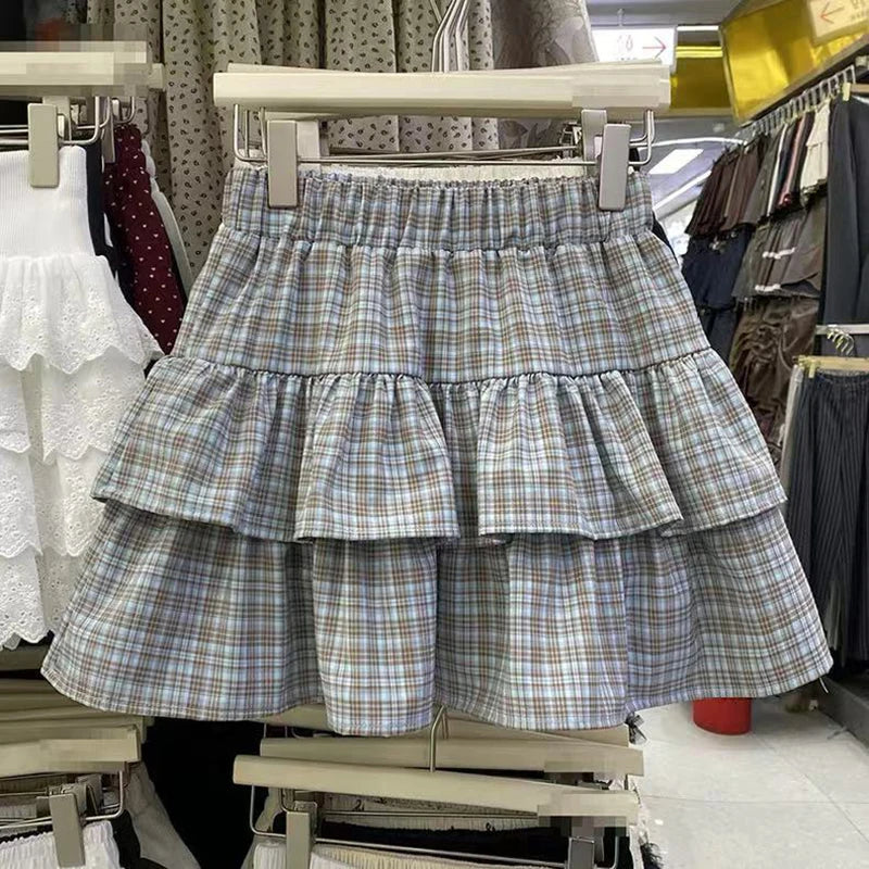 Hnewly Retro Plaid Skirt for Women Summer High Waist Preppy Female Cake Skirts Y2K Korean Sweet Ladies Ballet Pleated Skirts New