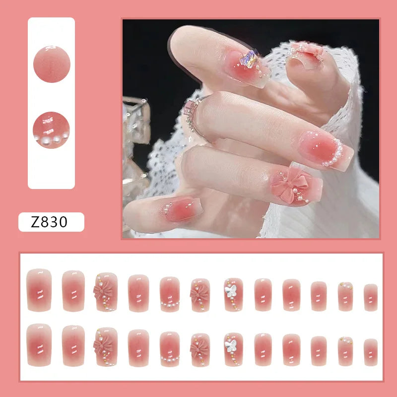 Hnewly 24pcs Pink Bow Design Glossy Press on Nails Wearable Detachable Almond Fake Nail Tips for Girls Lady Korean Sweet False Nails