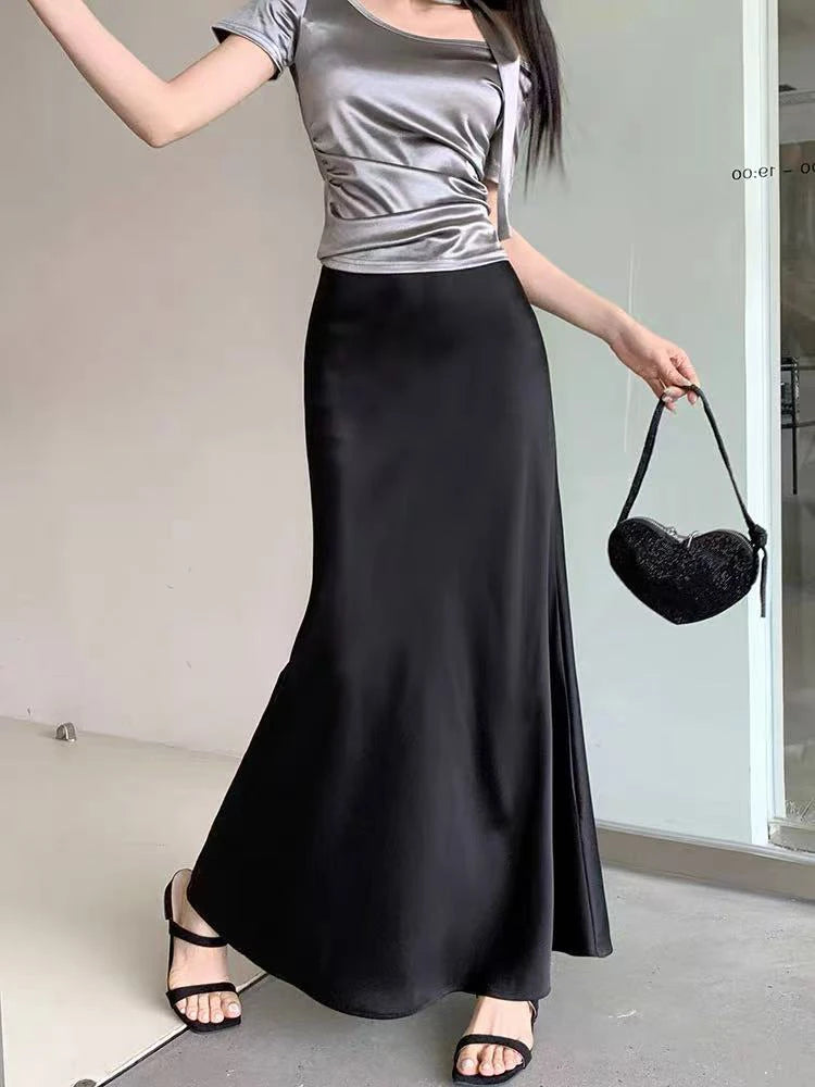Hnewly Elegant Satin Midi Skirts for Women Summer High Waist Korean Office Ladies Skirt Y2K Fashion Night Party Club Fishtail Skirt New