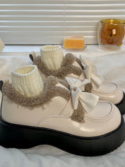 Hnewly Winter Japanese Sweet Platform Shoes Women Warm Bow Vintage Kawaii Plush Shoes Female Pure Color Casual Comfortable Shoes