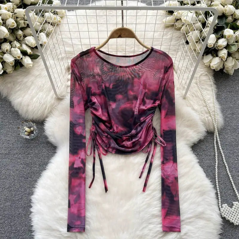 Hnewly Sexy Harajuku Tie Dye Drawstring Mesh Sheer Tops Long Sleeve Thin T Shirt Printed Slim Tops Summer Casual T Shirt Blouses Women