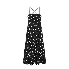 Hnewly  Retro Polka Dot Backless Halter Neck Women Dress Chic Sleeveless High Waist  Lace Up Maxi Dresses Lady Holiday Street Wears