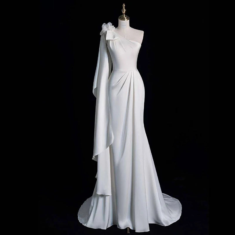 Hnewly  Light Wedding Dress Super Fairy Bride One Shoulder Out Veil Engagement Banquet Light Luxury Slimming Fish Tail Dress Customized