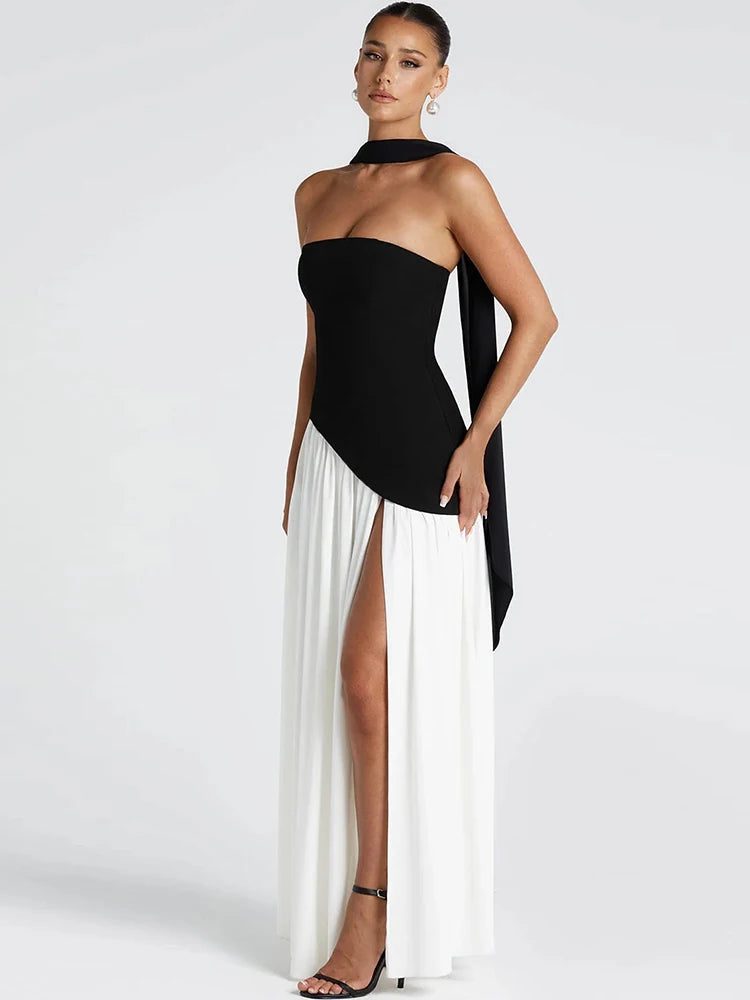 Hnewly  Backless Patchwork Dress Women Summer Draped Side Slit Ribbon Strapless Sleeveless Elegant Birthday Party Vestidos
