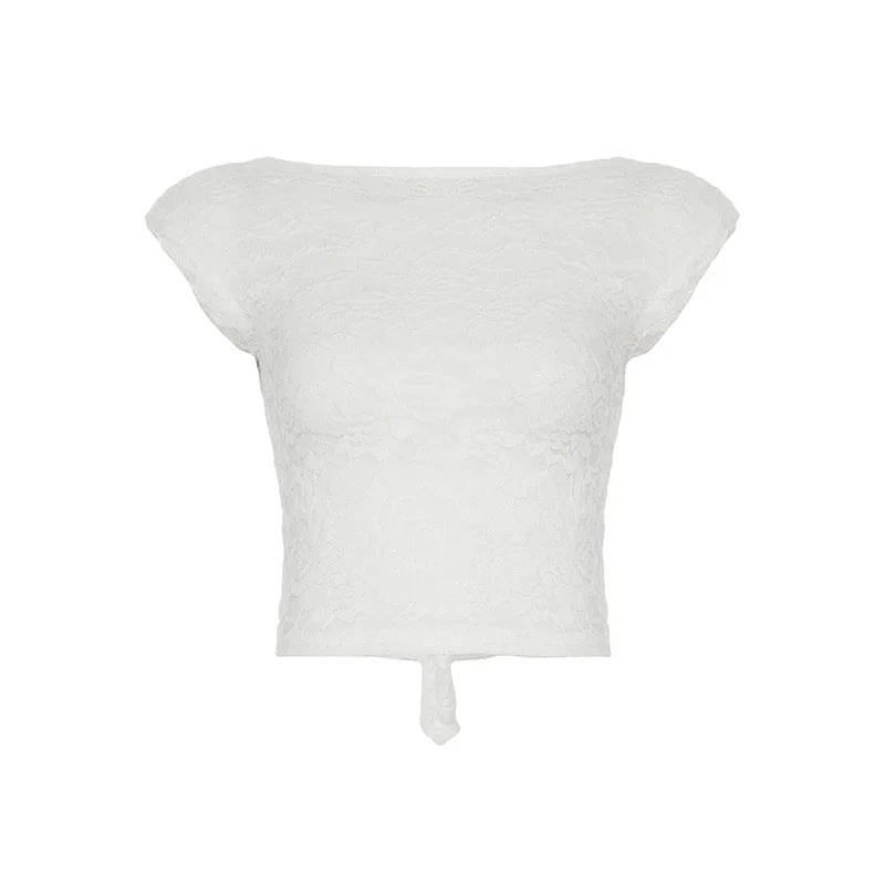 Hnewly Y2K Lace Patchwork Women T Shirt French Sexy Backless Lace-Up Short Sleeve White Crop Tops Female Summer Slim Bottoming Tees