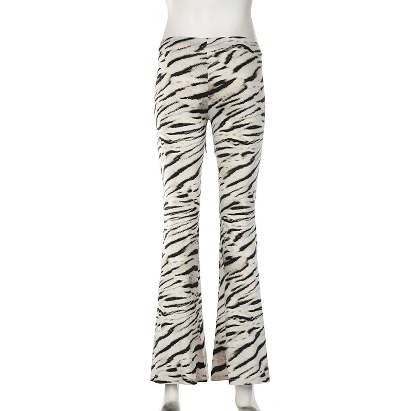 Hnewly Harajuku Skinny Zebra Stripe Pattern Flare Pants Women Streetwear Casual Low Waist Trousers Sweatpants Bottoms Retro