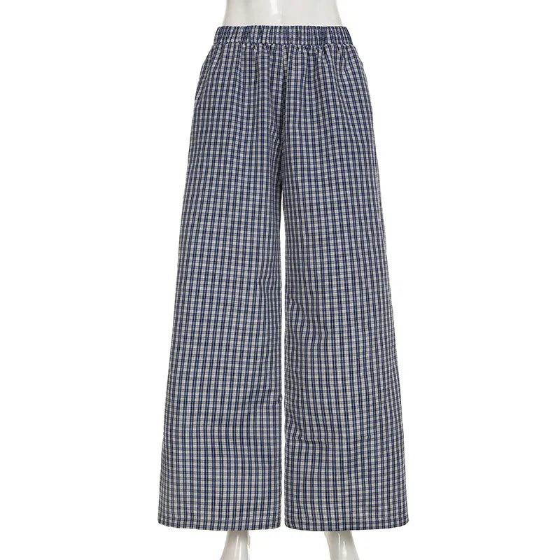 Hnewly Spring New Product Simple and Personalized Waist Collection Color blocked Grid Design Wide Legs Comfortable Pants