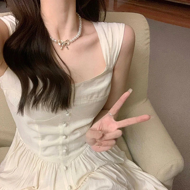Hnewly DRESS TO IMPRESS Women Beige Dress Sexy Sweet Elegant Backless Ruffle Edge Mini Skirt Fashion Square Collar Lady Pleated Short Dresses Summer