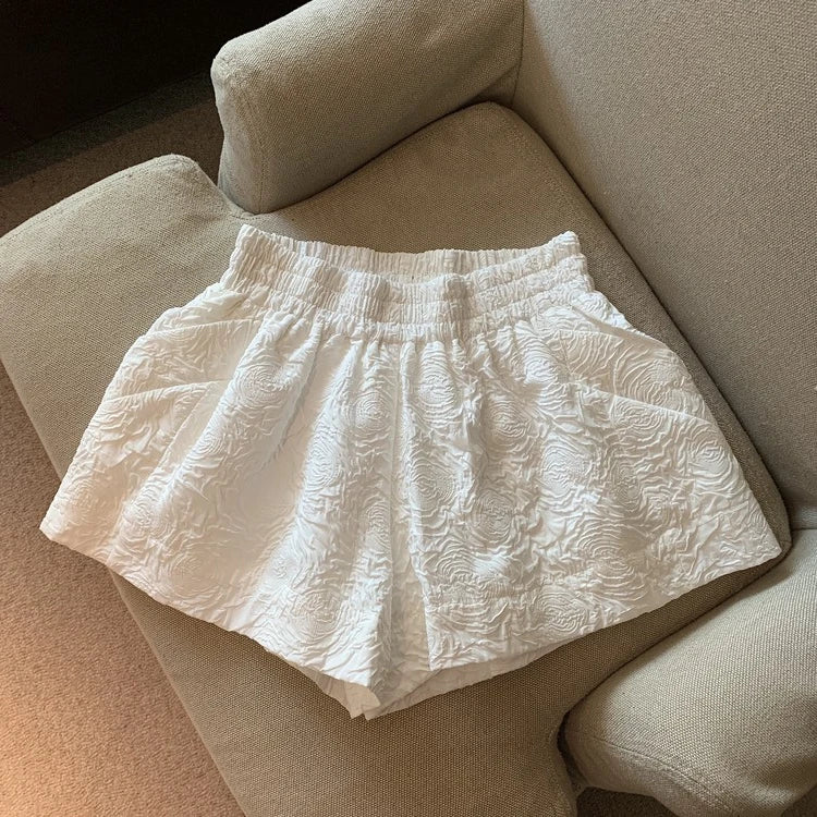 Hnewly  Black White Jacquard Shorts Women 2025 Summer Elastic High Waist Pockets Wide Leg Shorts Woman Loose Streetwear Half Pants