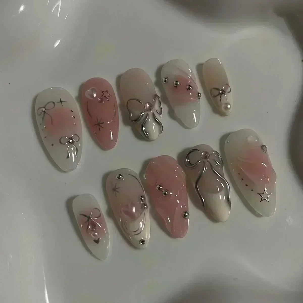 Hnewly 24pcs Detachable Flower Almond bowknot French False Nails Stars Love Glitter Design Press on Nails Fake Nials DIY Manicure Nails