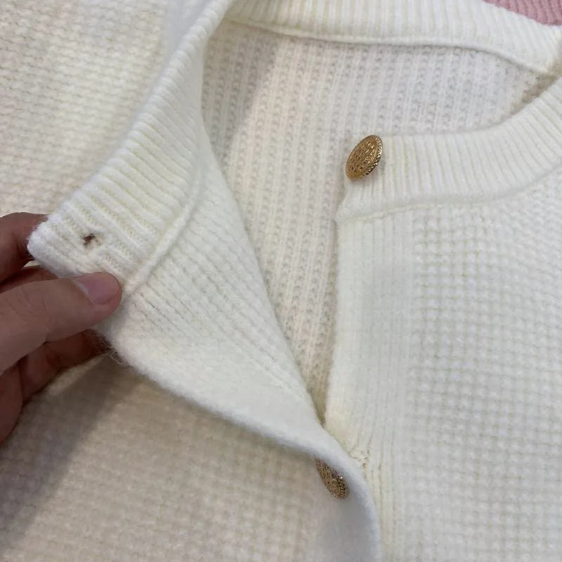 Hnewly  Autumn Winter Sweet Sweater Simple O-Neck Solid Short  Office Lady Cardigan Coat Metal Single Breasted Long Sleeved Outwear