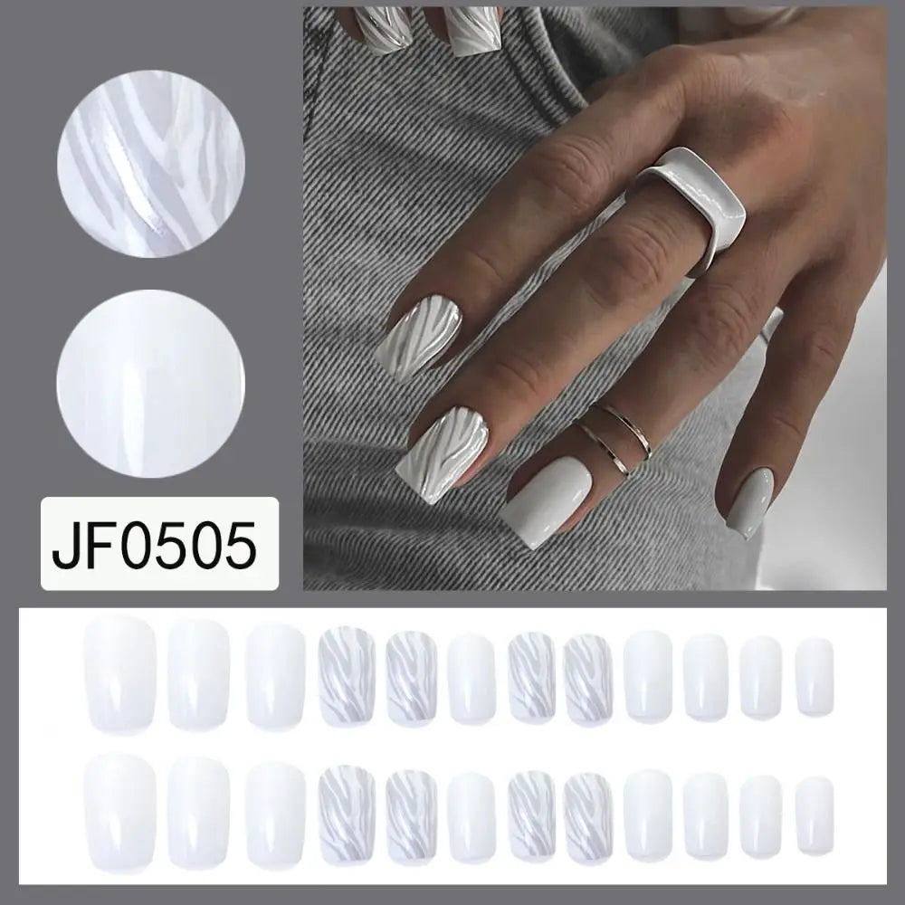 Hnewly 24PCS Short Square False Nails French White Edge Fake Nials Silver Flame Full Cover Press On Nails Detachable Ballerina Nail Tip