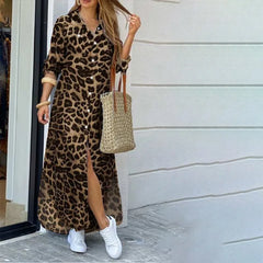 Lunivop  New European American Spring Summer Casual Leopard Print Fashion Slit Extra Long Women's Shirt Dress