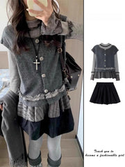 Hnewly  ay Knitted Vest Set Women's Long Sve Ruffle Hem Top Tee Piece Set Autumn Winter Faion Japanese Sle Warm High Waist...