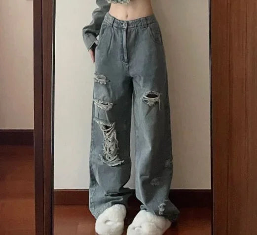 Hnewly rodeo outfits Harajuku Two Piece Sets Womens Outifits Long Sleeve Crop Jackets High Waist Hole Wide Leg Pants Suit Casual Fashion Y2k Set