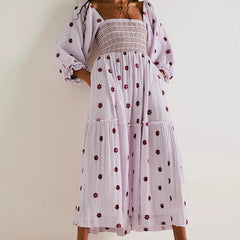 Hnewly  Bohemian Floral Dress Women Square Neck Ruffle Swing A Line Maxi Dress Long Sleeve Beach Style Holiday Lady Club Party Dress