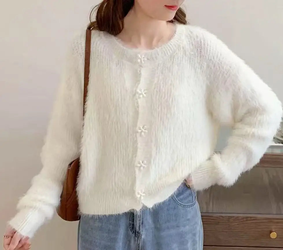 Hnewly  Flower Button Fuzzy Knit Sweater Cardigan Warm Fluffy Button-up Crop Sweater Jacket Knitwear Teen-girl Fall Winter Cute Outfit