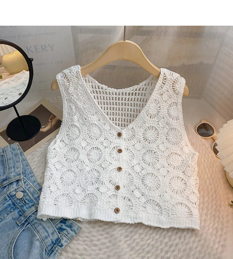 Hnewly Women Summer Hollow Out Knit Vest French Style V-Neck Sleeveless Hooked Flower Sweater 2023 New All-Match Outwear Short Top