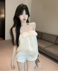 Hnewly  Tank Tops Women Ruffles Ruched Slash Neck Solid Slim Backless Sweet Elegant Camis Sexy Ladies Casual French Style Chic