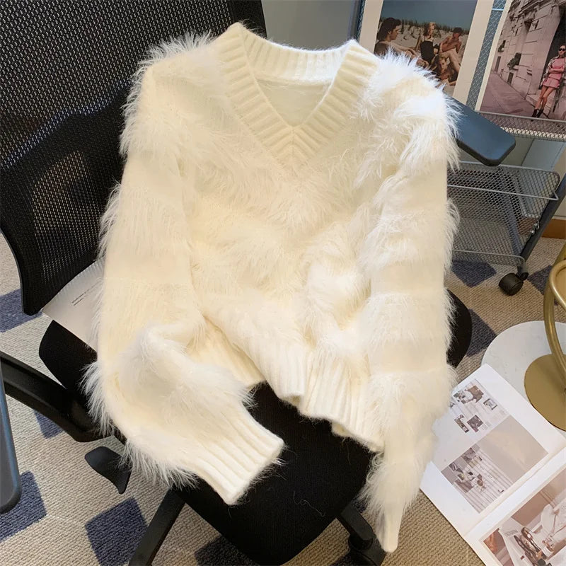 Hnewly  Imitate Mink Sweater for Women's Spring Autumn New Loose Long Sleeved Pullover Knitted Top Korean Slim V-neck Short Sweaters