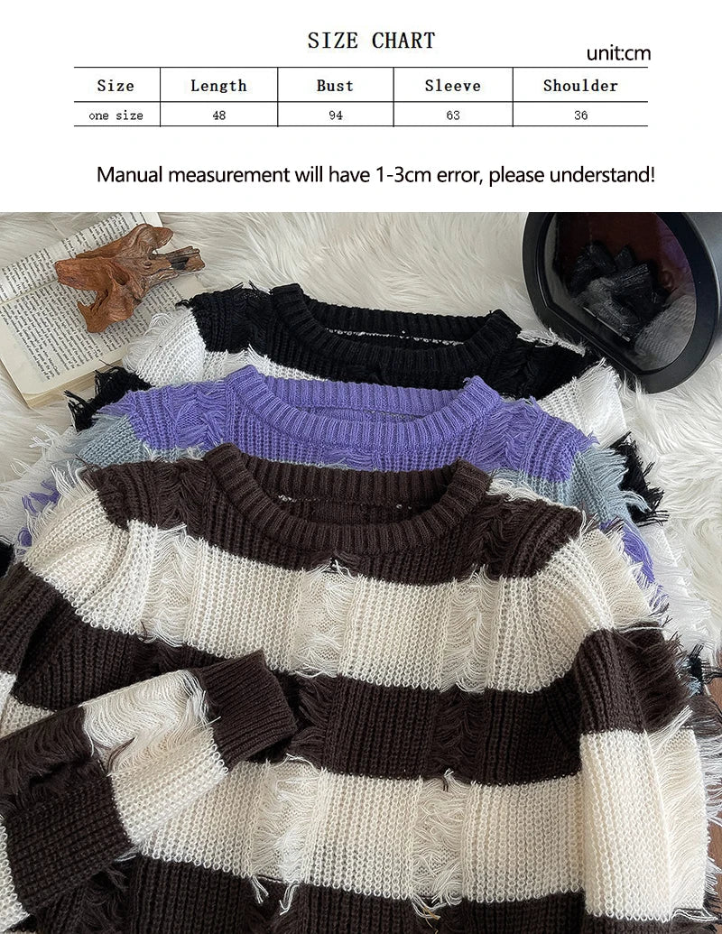 Hnewly  Loose Stripe Hole Knitted Sweater Women's 2025 Autumn Winter New Retro Japanese Short Pullover Tassel Versatile Tops