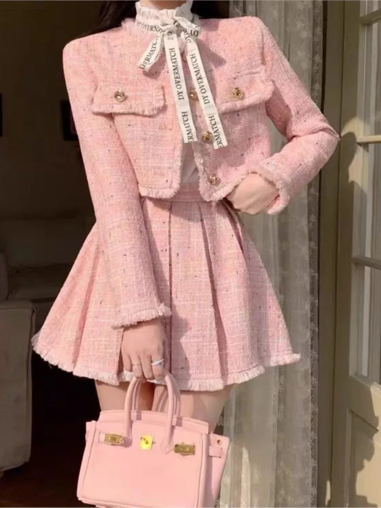 Hnewly Autumn New Tweed Short Jacket Coat and Mini Skirt Two Piece Set for Women Outfits Vintage Tassel High Waist Pletaed Skirt Suits