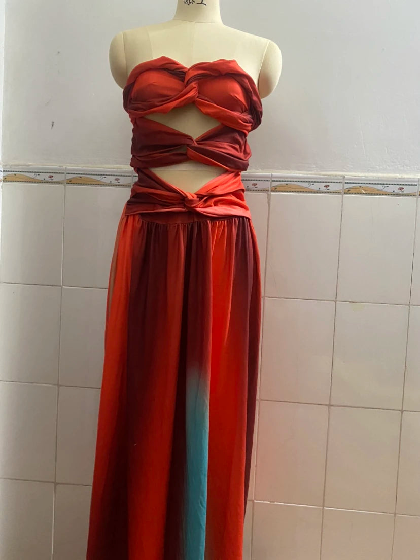 Hnewly  Summer Sexy Elegant Women Backless Long Dress Casual Gradient Color Vacation Wear European Women's Fashion Strapless Robe