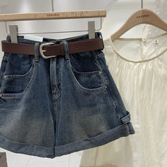 Hnewly  New Retro Rolled Denim Shorts 2025 Women's High Waisted Loose Straight Leg A-line Wide Leg Pants Chic Pocket Hot Jean Pants