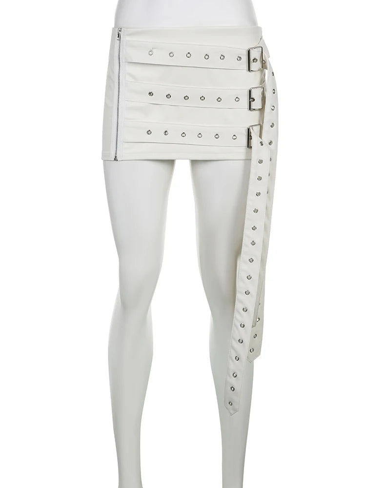 Hnewly Sexy Solid Pu Leather Belts Bodycon Skirt Y2K Slim Low-Waisted Super Mini Skirts Women Summer Fashion Streetwear