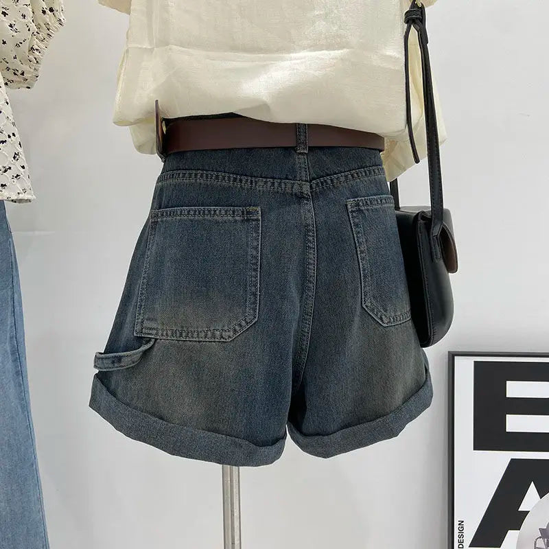 Hnewly  New Retro Rolled Denim Shorts 2025 Women's High Waisted Loose Straight Leg A-line Wide Leg Pants Chic Pocket Hot Jean Pants