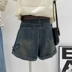 Hnewly  New Retro Rolled Denim Shorts 2025 Women's High Waisted Loose Straight Leg A-line Wide Leg Pants Chic Pocket Hot Jean Pants