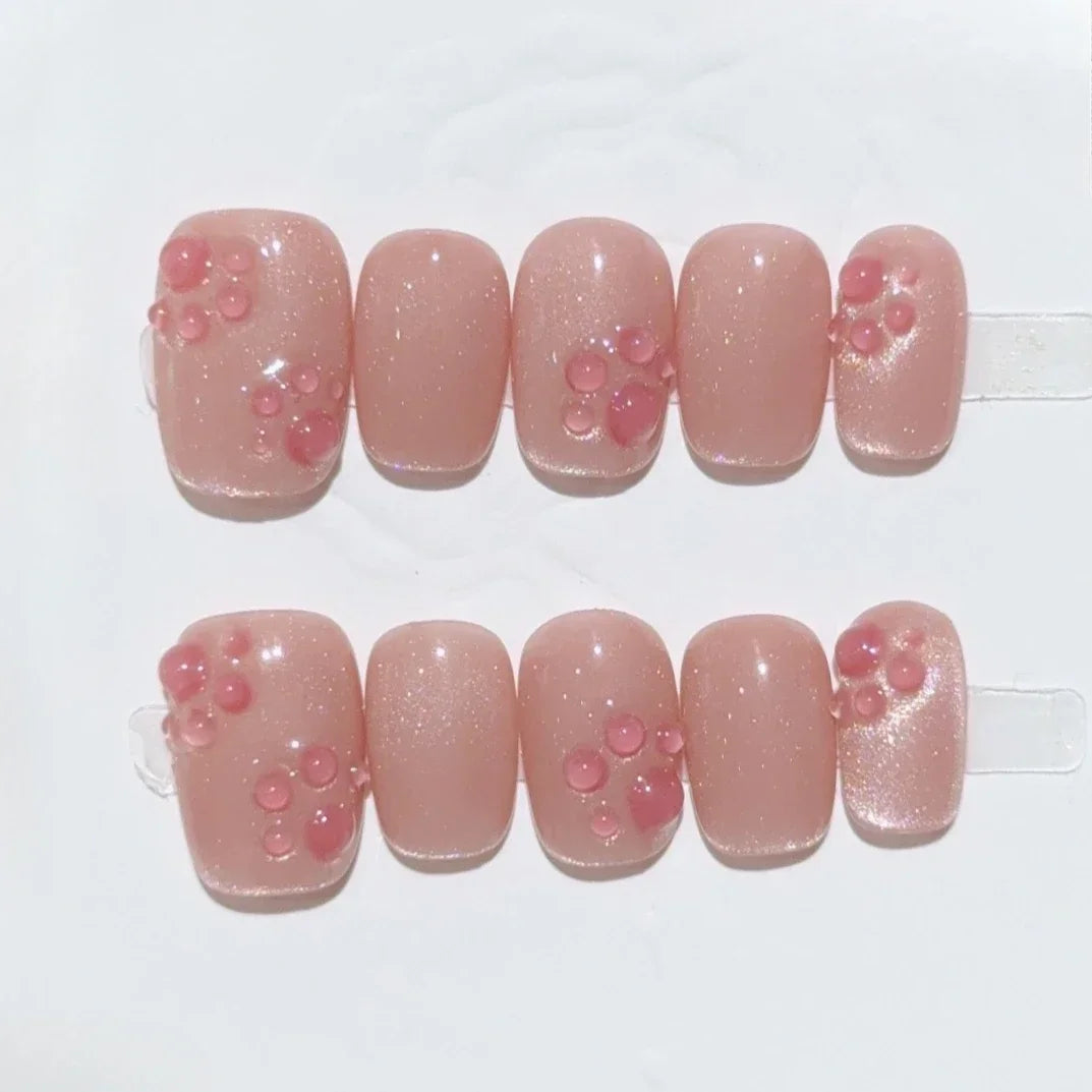 Hnewly 10pcs Mini Flower Fake Nails Short Square Press on Nails Glitter Cat Eye False Nails Full Cover Sweet Cute Manicure Nail Art Tip